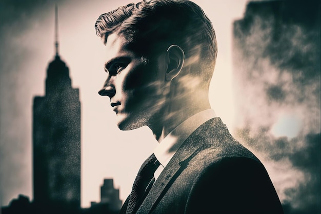 Businessman portrait double exposure with city background