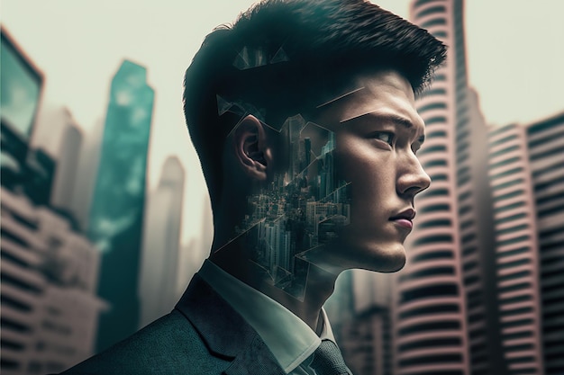 Businessman portrait plan financial strategy with wondrous double exposure city