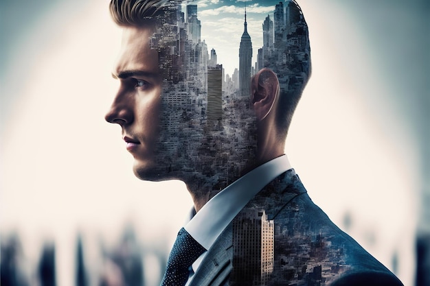 Businessman portrait plan financial strategy with wondrous double exposure city