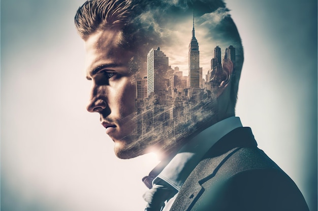 Businessman portrait plan financial strategy with wondrous double exposure city