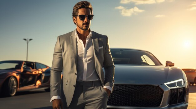 Photo businessman posing in front of his luxury car