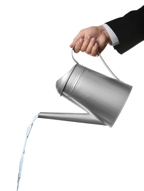 Photo businessman pouring water from can on white background closeup