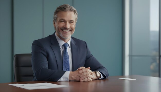 a businessman in a power pose at the head of a conference table