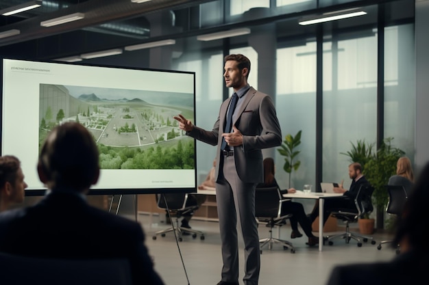 Photo businessman in a presentation in meeting room office