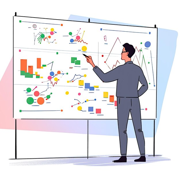Photo businessman presenting charts and graphs on whiteboard vector illustration