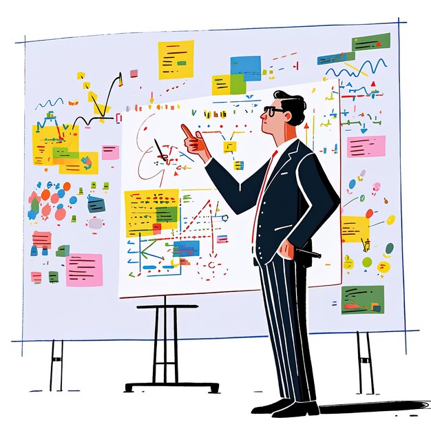 Photo businessman presenting charts and graphs on whiteboard vector illustration