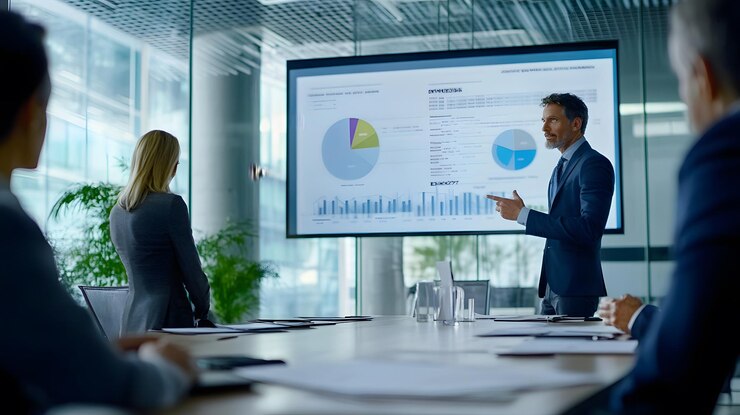 Photo businessman presenting financial data to colleagues in a meeting room