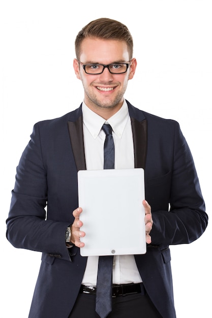 Businessman presenting a tablet pc, smiling