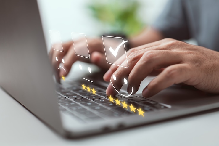 Photo businessman presses the face emoji concept for evaluating customer service