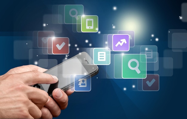 businessman pressing application button on computer with touch screen