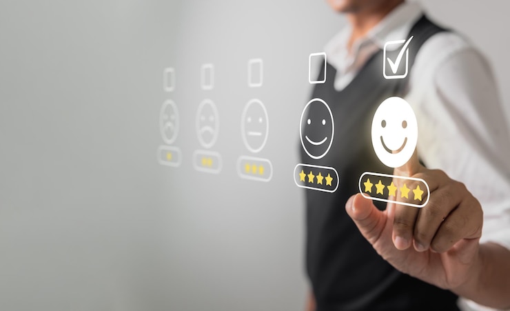 Photo businessman pressing face emoticon rating on virtual touch screen to service experience customer service and satisfaction concept