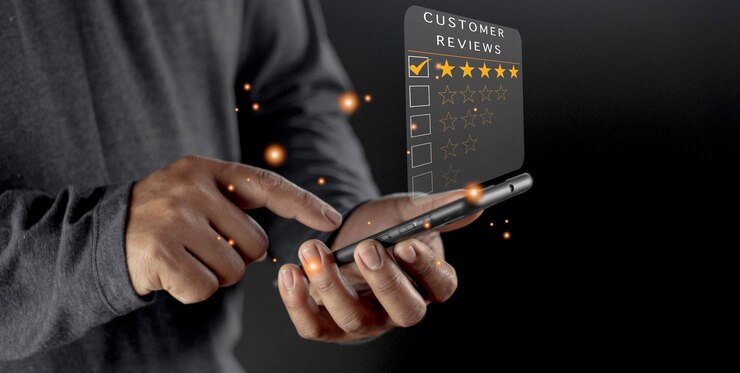 Photo businessman pressing smiley face emoticon on virtual touch screen customer service evaluation concept excellent customer service evaluationxa