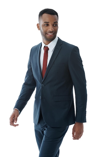 businessman professional and happy with thinking in studio with confidence for corporate intern and career in law firm entrepreneur employee and smile with pride for job on white background mockup