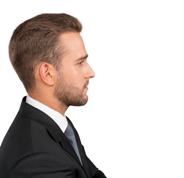 Businessman profile in black suit isolated over white background