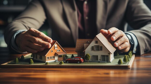 Businessman protecting house model and car