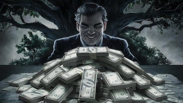 Businessman protection money on table with tree