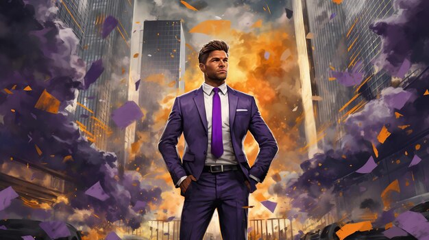 a businessman in purple standing in front of some explosives