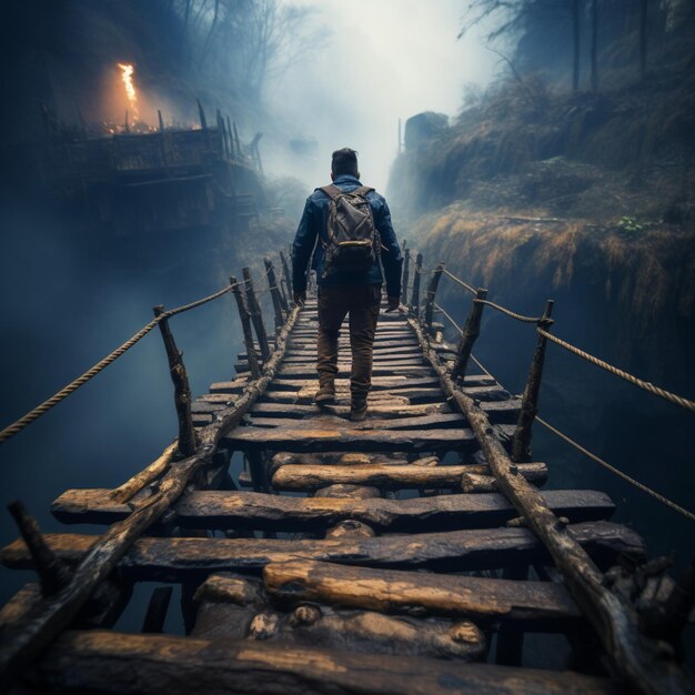 Foto uomo d'affari che spinge una lunga trave creando un ponte improvvisato per attraversare l'ostacolo dell'abisso coprire il