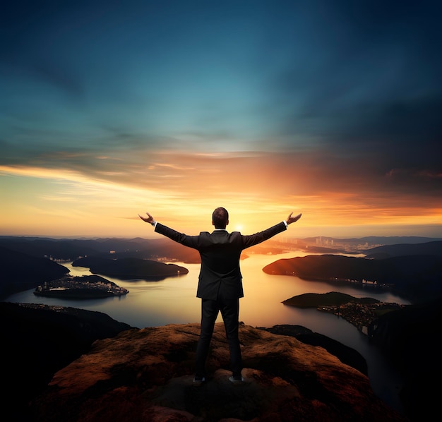 Фото Бизнесмен поднимает руки на вершине горы во время захода солнца успех победитель достижение концепция лидерства
