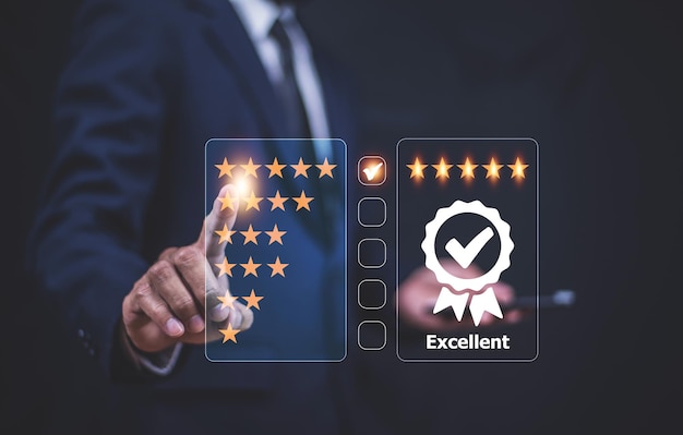 Businessman rating feedback online service giving five star best excellent