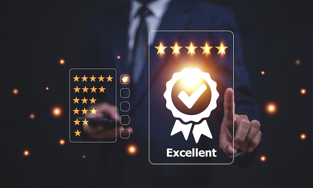 Businessman rating feedback online service giving five star best excellent