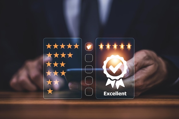 Businessman rating feedback online service giving five star best excellent