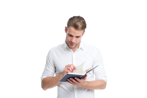 Businessman read book for self improvement. Looking interesting idea. Reading literature for adult. Man searching information for business project. Reading as hobby. Handsome businessman reading book.