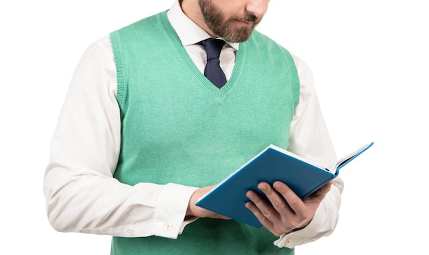 Businessman reading notebook successful ceo with notepad cropped man planning his work