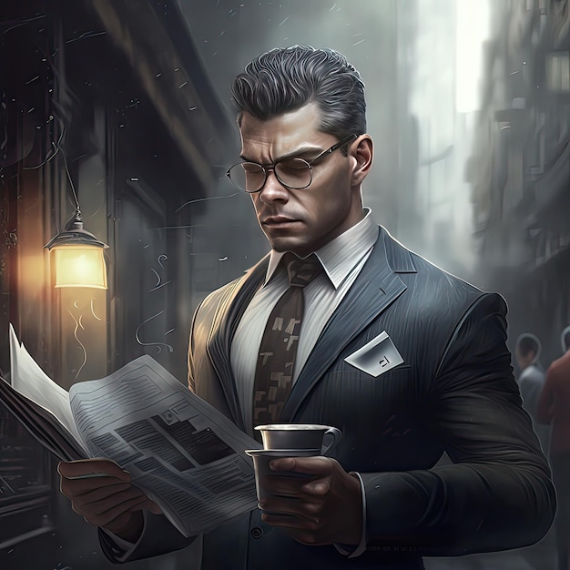 Businessman reads a newspaper against the backdrop of the city financial transactions nonexistent person financial literacy wall street stock market anonymity generative artificial intelligence