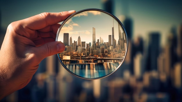 Businessman Realtor Examining City Through Magnifying Glass