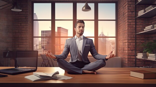 Photo businessman relaxing in office stress and meditation concept