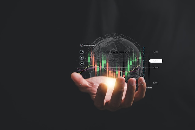 Photo businessman reveals a hologram of a growing stock chart on his palm