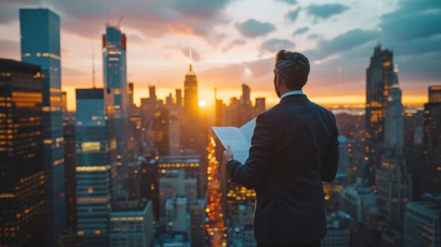 Businessman reviewing plans on a rooftop embracing sophistication amid cityscape