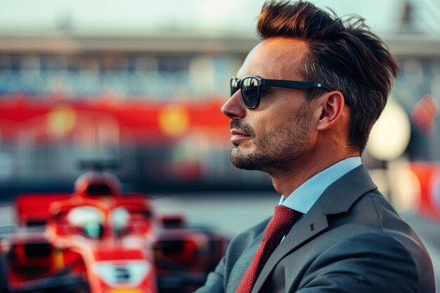 Businessman rich standing on a race of Formula 1 cars