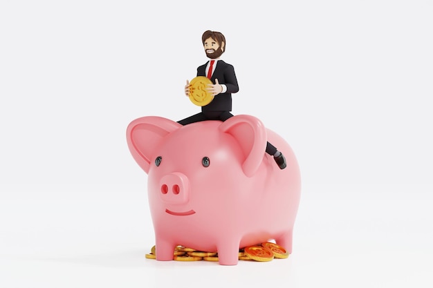 Photo businessman riding piggy bank and stack of coin business savings and banking concept 3d rendering