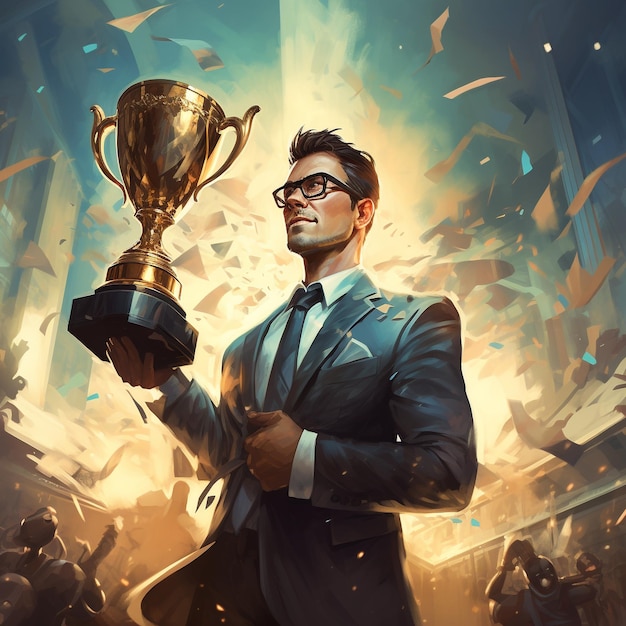 Businessman rise and holding a golden trophy