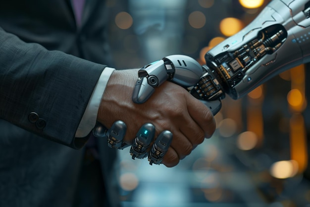 Photo businessman and robot hands handshake concept of friendship between artificial robot and human photo