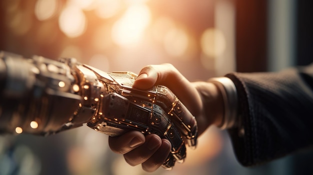 Businessman and Robot Shaking Hands in a Symbolic Gesture of Collaboration Generative AI