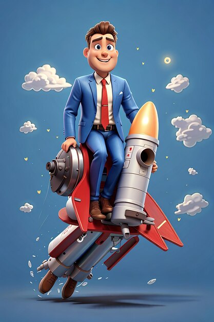 Businessman on a rocket 3d character illustration