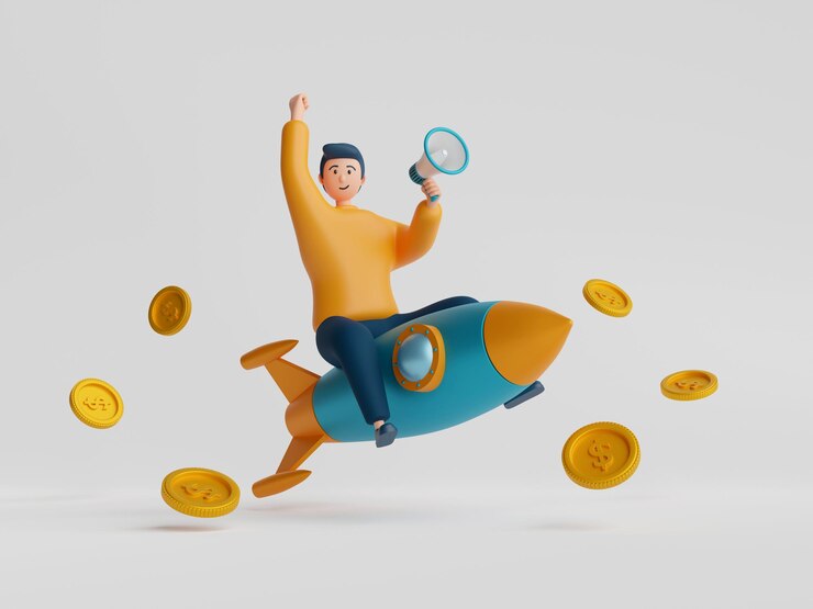 Businessman on rocket holding megaphone Advertisement on social media make more earning