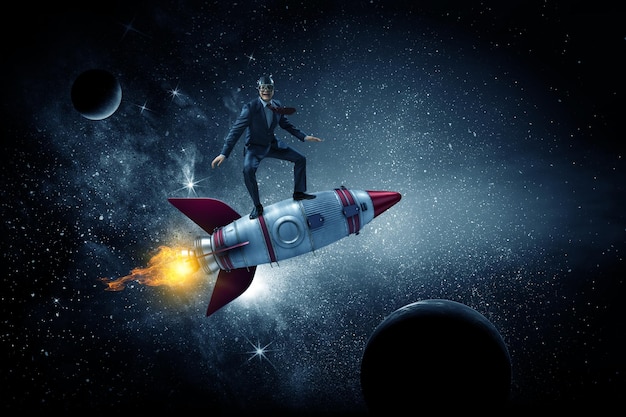 Businessman on a rocket. Mixed media