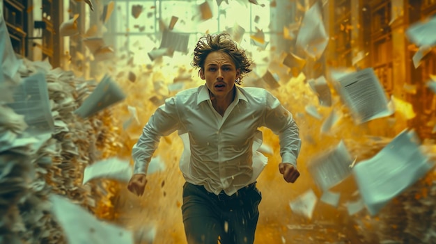 Photo businessman running in the office and throwing papers in the air