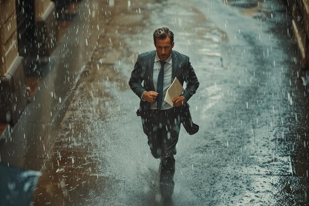 Businessman running in the rain holding a file in one hand on a city street