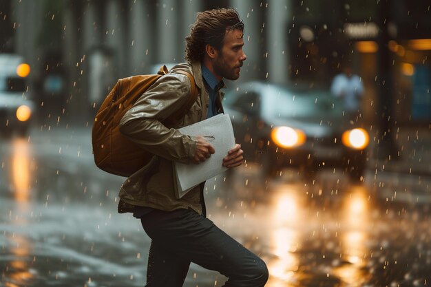 都市の通りで片手にファイルを持って雨の中で走っているビジネスマン