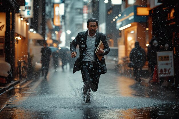 Businessman running in the rain holding a file in one hand on a city street