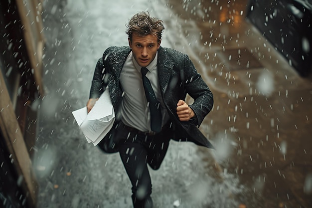 Businessman running in the rain holding a file in one hand on a city street