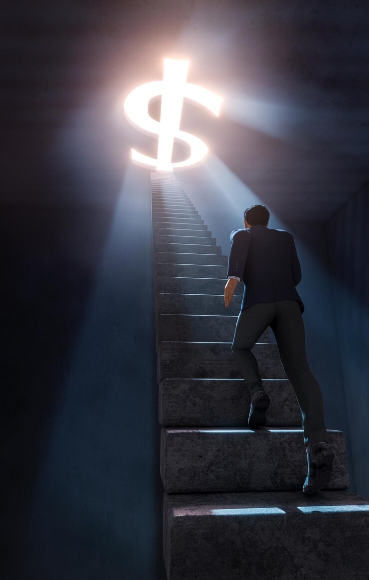Businessman running towards money symbol on stairs inside dark room Photorealistic 3D rendering