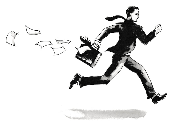 Photo businessman running with a case. ink black and white drawing