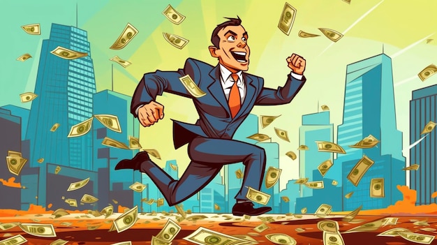 Businessman running with a lot money on the street achievement or success concepts