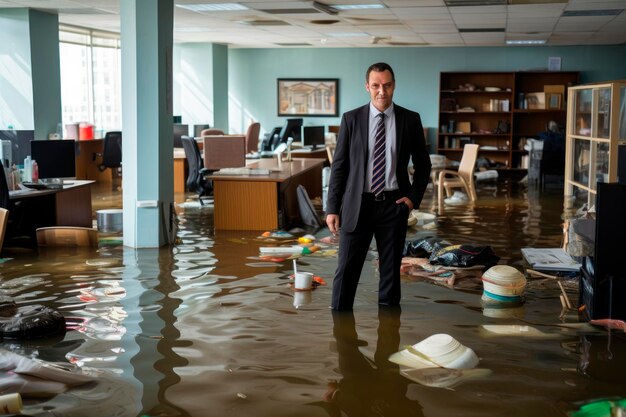 Businessman's Desolate Look at His Office Flooded